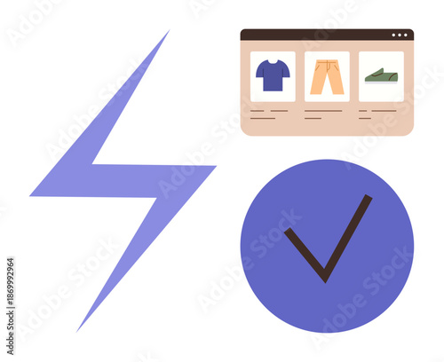E-commerce, online shopping, fast delivery, digital transactions, customer approval, product selection. Lightning bolt, product icons checkmark. E-commerce and fast delivery