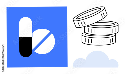 Healthcare costs, pharmaceutical industry, medication affordability, financial management, drug pricing, economy. Black-and-white pills, stack of coins and simple design. Healthcare costs