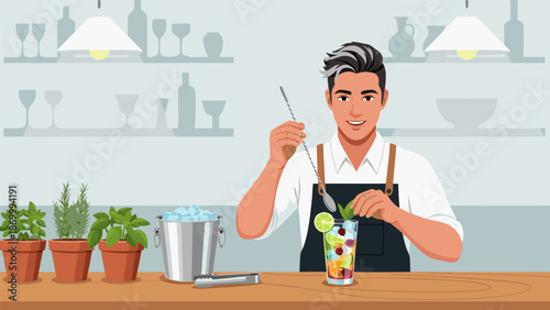 A skilled bartender preparing a colorful cocktail with fresh ingredients, vector illustration