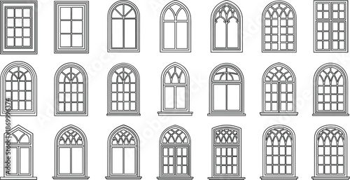 Black and white architectural window with various arched and rectangular shapes windows