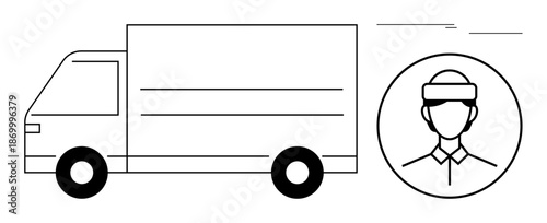 Delivery truck in motion with driver portrait in circular frame. Ideal for logistics, e-commerce, shipping, transportation, courier service, supply chain, and fast delivery simple flat metaphor