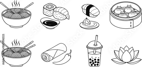 Asian food and drink including noodles sushi rolls buns and tea