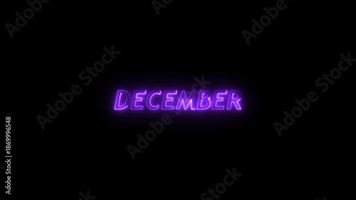 Electric Purple Neon Sign Displaying the Word December with a Radiant Glow on a Solid Black Canvas Keywords: December, month, calendar, time, season, winter, holidays, Christmas, New