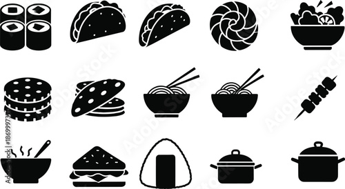 Black and white food including sushi tacos noodles bowl chopsticks food sushi