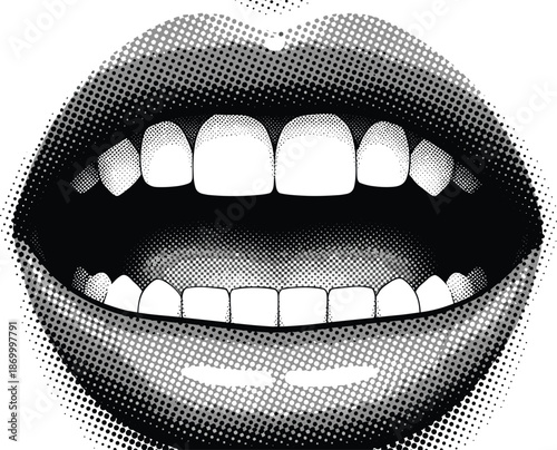 Black and white halftone open mouth with teeth and lips