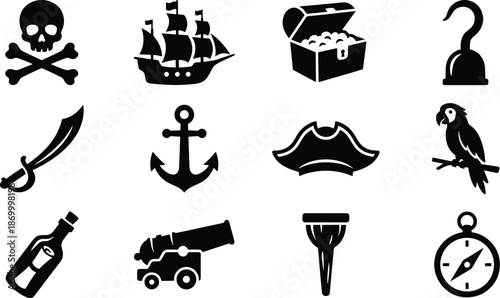 Pirate Icons Silhouette Vector Set, skull, ship, treasure chest, parrot and nautical adventure design
