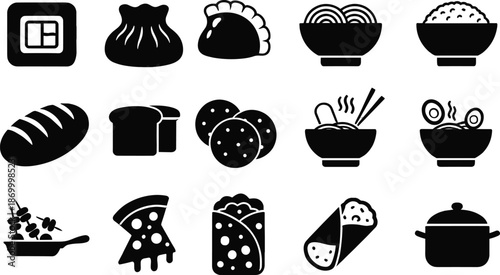 Black and white of various foods including sushi burrito and bread food sushi pizza