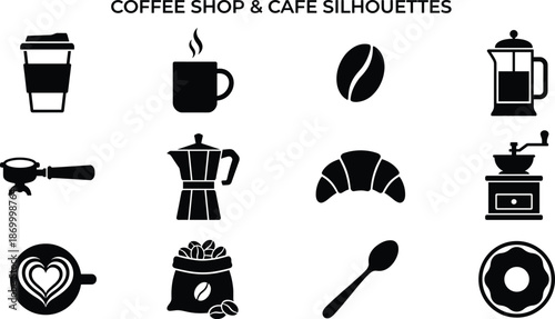 Coffee Shop and Cafe Silhouette Vector Icon Set, cup, bean, croissant, grinder and barista design