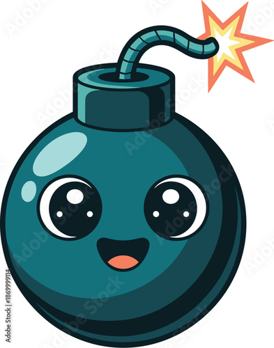 Cute cartoon bomb character with big eyes smiling cheerfully explosive dynamite emoticon illustration for danger concept kids content funny mascot design comic element playful graphics playful illustr