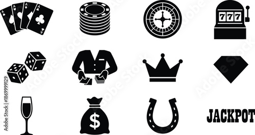 Casino Gambling Silhouette Vector Icon Set, poker cards, roulette, chips, slot machine and jackpot symbols