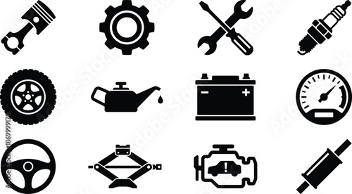 Car Service and Auto Repair Silhouette Vector Icon Set, mechanic tools, engine, tire, oil and battery icons