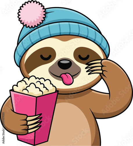 Cute cartoon sloth character eating popcorn wearing a blue winter hat in a whimsical style vector illustration of funny animal enjoying snack for children's book animation or cheerful graphic design p