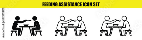 Feeding assistance icon set showing caregiving and support for individuals needing help eating a meal