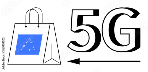 Sustainability concept. A shopping bag with a recycling logo emphasizing sustainability alongside 5G technology ation. Sustainability intersects with retail and digital transformation. Useful