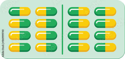Pharmaceutical blister pack with green and yellow capsule pills for medication treatment disease prevention vitamin supplement healthcare remedy in modern flat vector illustration for medical advertis