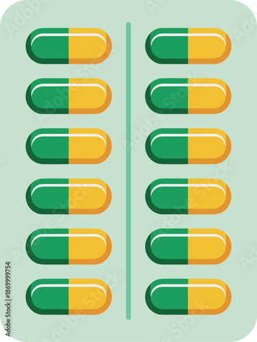 Pharmaceutical capsules in blister pack medication treatment concept green and yellow pills for healthcare industry and medical uses pharmaceutical drugs antibiotics vitamins supplements for illness a