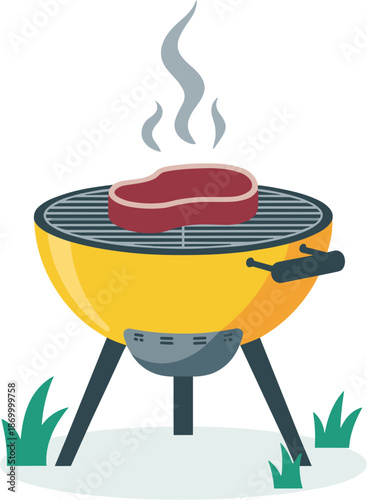 Cartoon steak grilling on yellow barbecue grill with smoke rising summer picnic party cookout illustration for restaurant menu design food blog banner website graphic element healthy eating lifestyle