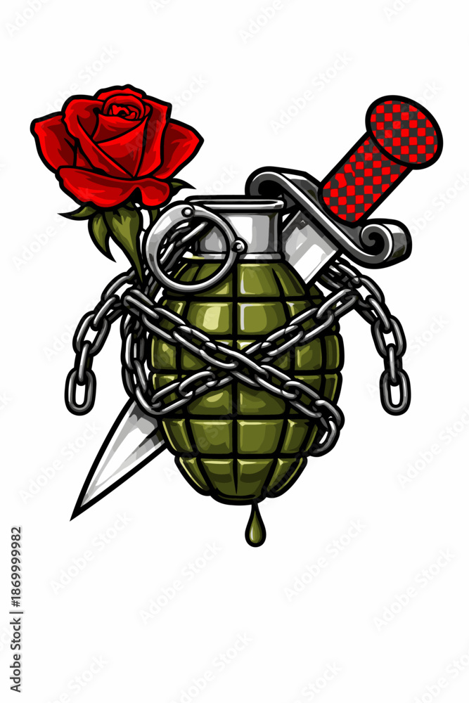 Samolepka image of a grenade with a background of roses and a knife