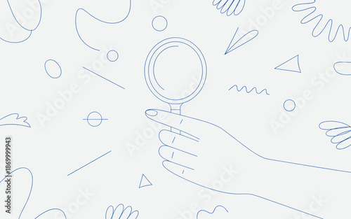Hand holding magnifying glass for exploration or search concept with abstract geometric shapes modern line art illustration for business analysis research market trends creative investigation discover