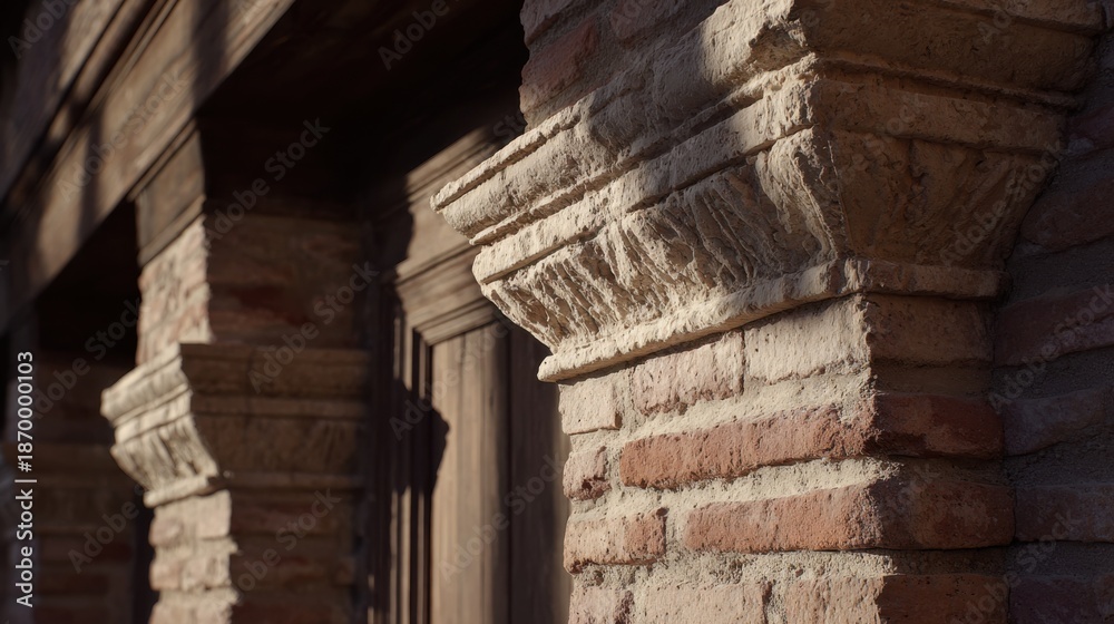 Naklejka premium Medium shot capturing a historical mausoleum with weathered brickwork and classical columns highlighting its ancient craftsmanship and timeless significance.