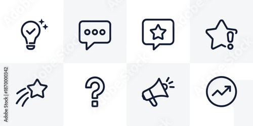 Collection of line icons depicting business productivity and development including lightbulb idea chat star question mark megaphone and profit growth for corporate marketing and advertising technology