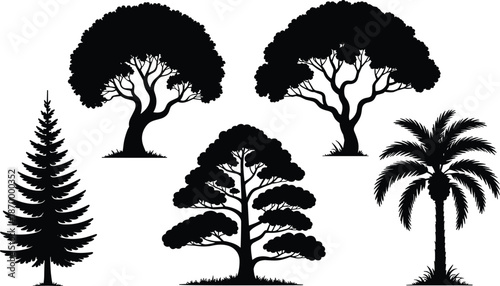 Diverse tree silhouettes set vector illustration featuring deciduous evergreen and tropical palm trees black isolated on white background for landscaping architecture forestry conservation environment