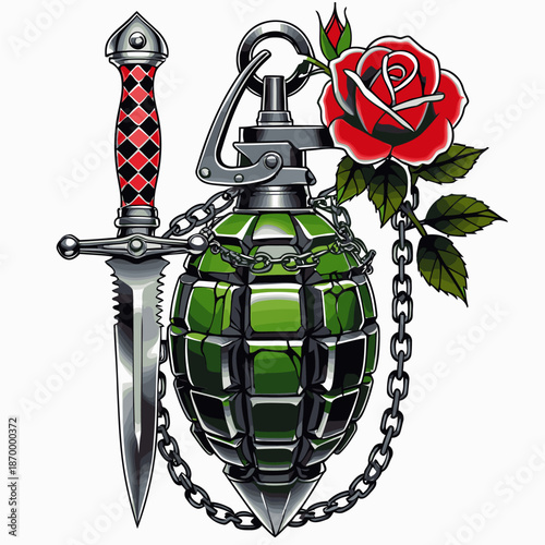 image of a grenade with a background of roses and a knife