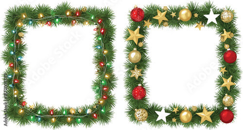 Christmas tree branch frames with ornaments and lights on white background border
