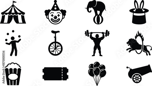 Circus and Carnival Show Silhouette Vector Icon Set, clown, tent, elephant, lion and funfair entertainment design