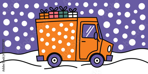 Cartoon orange truck delivering colorful wrapped gifts through snowy winter landscape fun holiday season illustration for christmas sales advertising festive celebration graphic resource seasonal prom