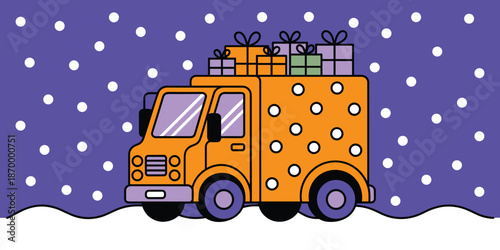 Festive delivery truck carrying colorful Christmas gifts through snowy winter landscape illustration for holiday season marketing campaigns and seasonal promotional materials in modern cartoon style g