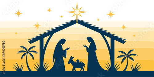 Nativity Scene Silhouette with Star and Palm Trees Depicting Birth of Jesus Christ in Bethlehem Christian Religious Illustration for Christmas Holiday Season Church Graphic Design Project and Faith Ba