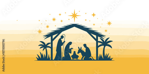 Nativity Scene Silhouette Vector Illustration of Holy Family in Stable with Star of Bethlehem Religious Christmas Story Graphic for Church Displays Christian Holiday Celebrations and Seasonal Greeting