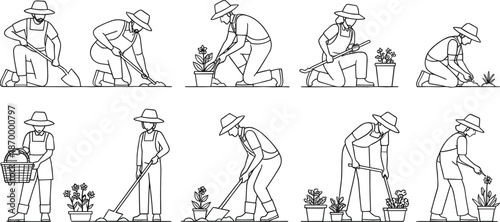 Line of people gardening with various tools and plants potted plants gardeners