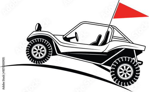 Detailed vector illustration of a dune buggy with red safety flag off road vehicle riding up hill extreme motorsport adventure concept for automotive designs recreational applications travel and touri