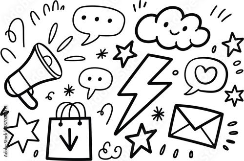 Hand-drawn doodle elements with megaphone speech bubbles and shopping bag vector illustration for creative marketing social media content design communication and online store promotion advertising ma
