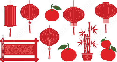 Red chinese new year on white background lanterns tassels apples bamboo red lanterns