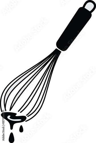 Black wire whisk dripping batter isolated kitchen tool for cooking baking food preparation culinary utensil in minimalist style confectionery equipment for chef patissier bakery cafe menu design cooki