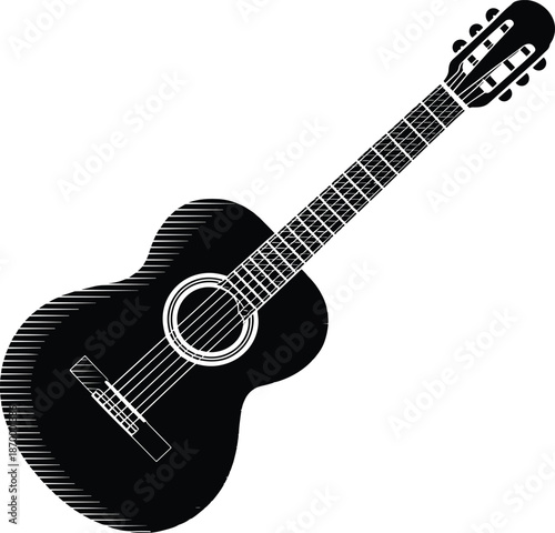 Black acoustic guitar illustration musical instrument close up isolated for music lessons and education graphic design template with artistic performance entertainment studio band concert show present