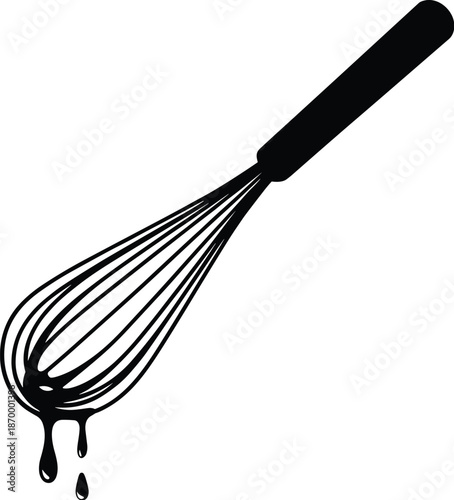 Wire whisk with dripping chocolate sauce for dessert preparation in modern kitchen setting confectionery culinary arts cooking ingredient baking equipment symbol for restaurant menu design and food bl