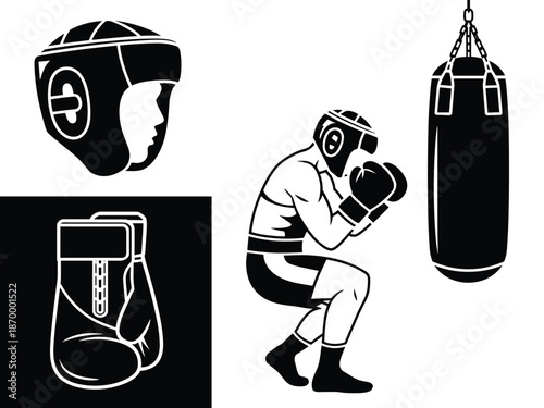 Strong boxer training with punching bag wearing protective headgear and boxing gloves in black and white graphic illustration for fitness gym sports athletic workout martial arts competition and self
