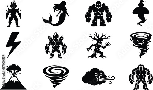 Elemental Fantasy Creatures and Powers Silhouette Vector Icon Set, fire warrior, mermaid, golem, genie and magic storm symbols