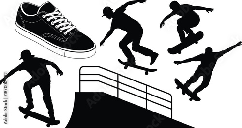 Skateboarders Silhouettes Performing Tricks on Ramp with Skate Shoe Graphic Illustration Extreme Sports Athletes in Action Skateboarding Culture and Lifestyle Design Element for Sportswear Fashion and