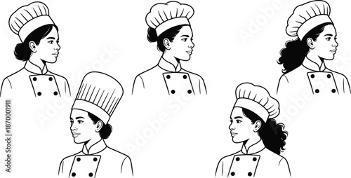 Line art diverse female chefs in uniform and toque looking forward culinary arts vector illustration for restaurant industry cooking school materials gastronomy education branding design food service
