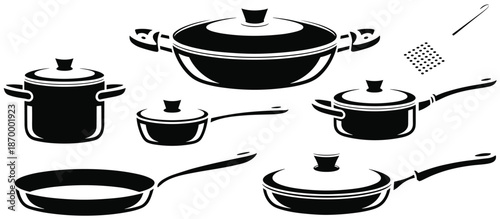 Elegant white kitchenware set on black background featuring pots pans and spatula for cooking culinary arts and home decor needs modern kitchen utensils cookware illustration for restaurant menus and