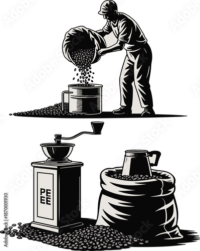 Vintage coffee bean processing with manual grinder and burlap sack for traditional coffee preparation and distribution graphic illustration retro style design for coffee shop branding and marketing ma