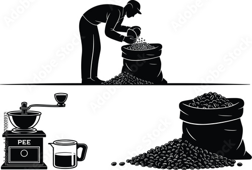 Silhouette of farmer harvesting coffee beans adding to large sack with vintage coffee grinder and measuring cup for brewing fresh coffee for cafe advertising and coffee shop logo design with minimalis