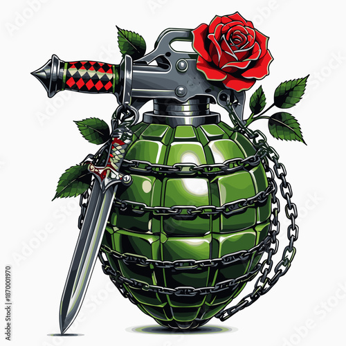 image of a grenade with a background of roses and a knife