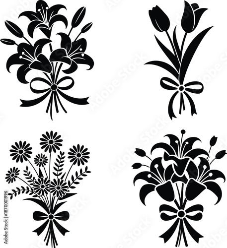 Elegant floral bouquets illustration featuring lilly tulip and daisy flowers tied with decorative bows for wedding invitation cards greeting templates and romantic designs vector graphic element in mi