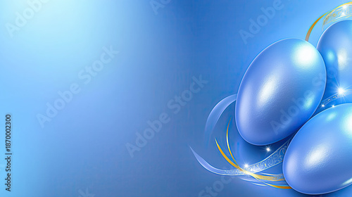 Elegant Blue Metallic Easter Eggs with Golden Decorative Ribbons and Sparkling Stars on a Minimalist Blue Gradient Background with Copy Space